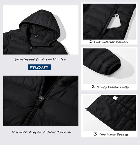 Vista 4 de MAGCOMSEN Chaqueta acolchada con capucha para mujer, ligera, acolchada, con 4 bolsillos, con cremallera, ropa cálida para invierno