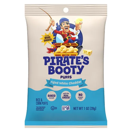 Vista 4 de Frituras infladas Pirate's Booty de queso cheddar blanco añejo, sin gluten, aperitivos para niños, 1 onza (12 unidades)