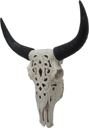 Vista 3 de DWK Calavera de buey tribal White Resin Construction, Hand-Painted Accents, Keyhole Hanger on Back, 16 In. Wide X 6.5 In. Deep