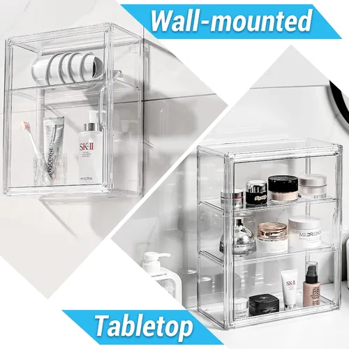 Vista 6 de Vitrina acrílica para figuras, organizador de almacenamiento transparente de 3 niveles montado en la pared, caja de exhibición con puerta magnética