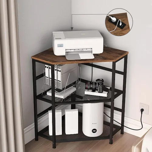 Vista 9 de VEDECASA Soporte de esquina para impresora con mesa, toma de corriente, puertos USB, estante de almacenamiento ajustable, soporte para torre de Negro