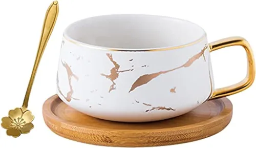 Vista 9 de Jusalpha Juego de taza de té de 10 oz con impresión de mano dorada y platillo/Juego de taza de café y platillo de bambú TCS19 (Negro)