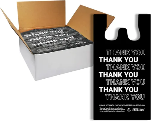Vista 9 de Bolsas de transporte de camisetas Bagtron, bolsas de plástico desechables con asas para compras y restaurantes, 1/8 barril, 0.51 mils, color negro