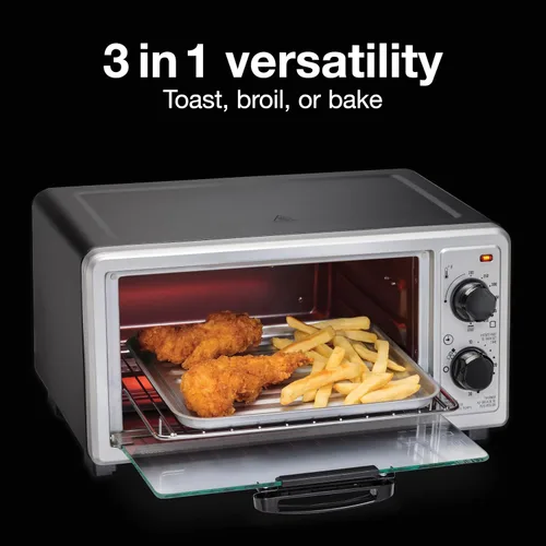 Vista 3 de Proctor Silex Horno tostador de encimera de 4 rebanadas, multifunción con hornear, tostadas y asadores, 1100 vatios, temporizador de 30 minutos