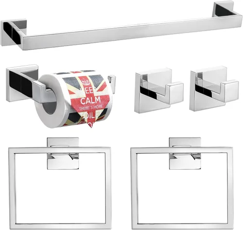 Vista 17 de Juego de 4 soportes para toallas de baño, juego de accesorios de baño de acero inoxidable negro y dorado, montaje en pared, 23.6 pulgadas
