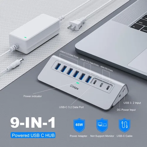 Vista 2 de Concentrador USB alimentado de 10 Gbps, intpw de 9 puertos USB 3.2, concentrador USB C con USB A/USB C 3.2, 4 USB 3.0, 2 puertos de carga PD de 45