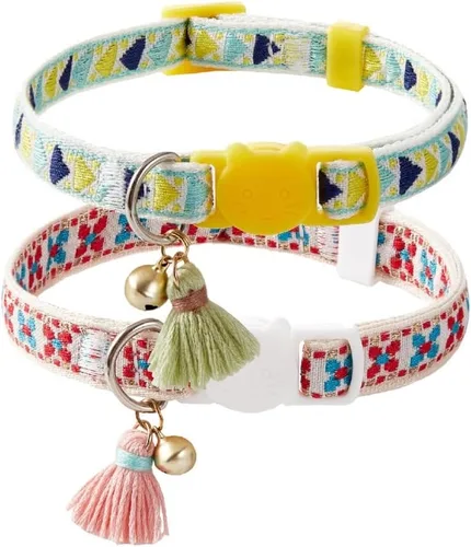 Vista 10 de Paquete de 2 collares de gato con bonito patrón colorido para gato, niño y niña, longitud ajustable con borla de campana, patrón tribal bohemio
