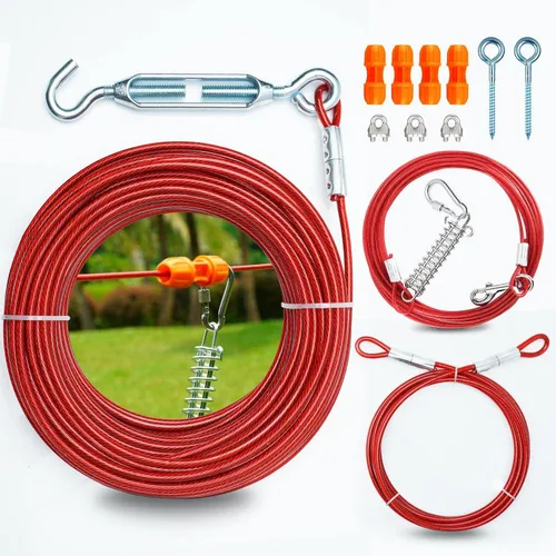 Vista 11 de Sistema de carretilla aérea resistente para perros pequeños a grandes, cable de funcionamiento de 100 pies/75 pies con cable de pasillo de 10 pies
