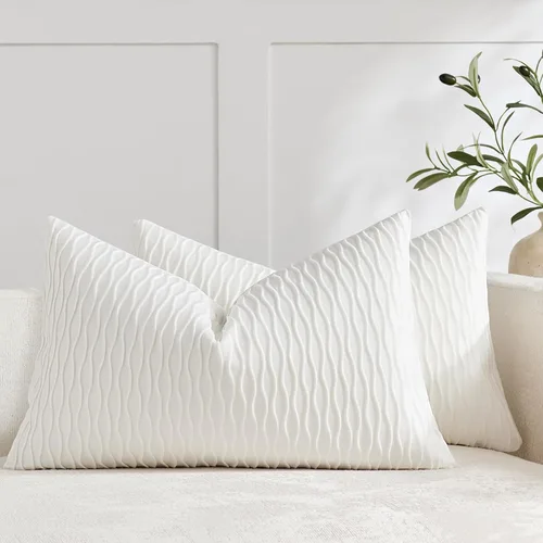 Vista 46 de DEZENE Fundas de almohada para sofá color marfil blanco: pack de 2 fundas de almohada cuadradas de terciopelo a rayas originales de 16x16 pulgadas