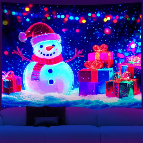 Vista 11 de NYZE - Tapiz de Navidad con Papá Noel, tapiz de luz negra que brilla en la oscuridad, colgante de pared, banner festivo, decoración para fiesta