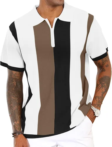 Vista 23 de Camisas polo de moda para hombre, camisas de punto vintage a rayas, camisas de golf casuales ajustadas