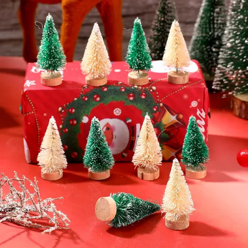 Vista 7 de Crowye 100 piezas de mini árbol de Navidad artificial, árboles de sisal con base de madera para mesa, árboles de botella para decoración de mesa