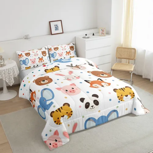 Vista 5 de Feelyou Juego de edredón de animales de zoológico, tamaño individual, juego de ropa de cama de animales de dibujos animados para niños, niñas