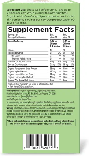 Vista 2 de Hyland's Baby Organic - Jarabe para la tos diurna todo en uno + apoyo inmunológico con saúco, vitamina C y zinc, 4 onzas líquidas