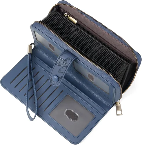 Vista 11 de SENDEFN Cartera de piel con cierre RFID para mujer, con cierre de cremallera, de gran capacidad, con correa para la muñeca, Marrón, Classic