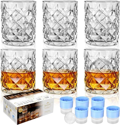 Vista 10 de Juego de vasos de whisky de 6 a 10 onzas con patrones mixtos de cristal, 3 estilos únicos con 6 moldes de bolas de hielo (2 pulgadas) para cócteles