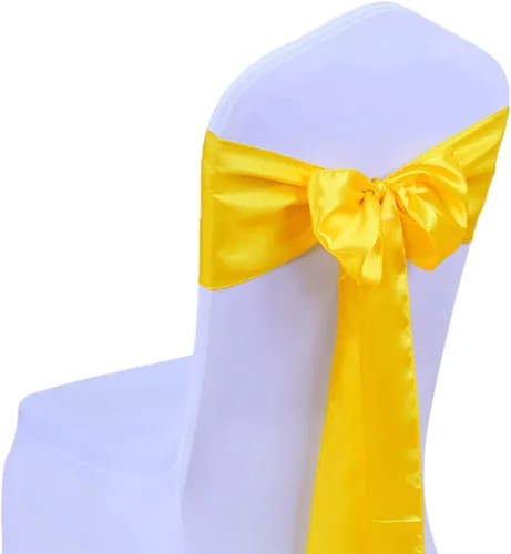 Vista 4 de Paquete de 10 caminos de mesa de satén amarillos para boda, 12 x 108 pulgadas, camino de mesa para fiesta, cumpleaños, banquete, despedida