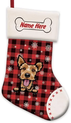 Vista 46 de Foto personalizada, Feliz Navidad, búfalo rojo, a cuadros, feliz perro, calcetín de Navidad, copo de nieve, decoración de vacaciones, calcetín