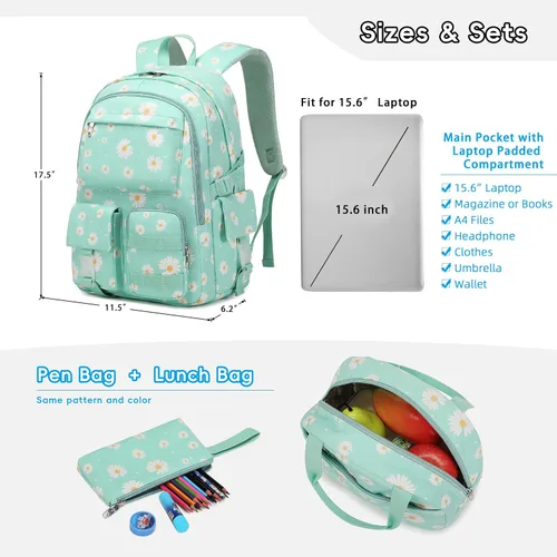 Vista 5 de Daisy - Mochila escolar para niñas, con lonchera, juego de bolsa de libros, mochilas para adolescentes y niñas