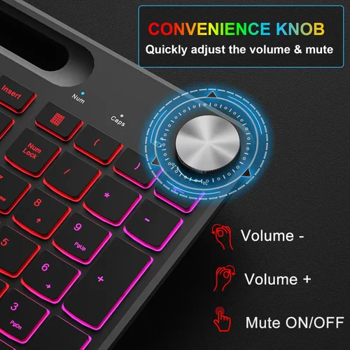 Vista 5 de BlueFinger Combo de teclado y mouse inalámbricos retroiluminados, teclado ergonómico recargable de 2.4 G con reposamuñecas, soporte para teléfono
