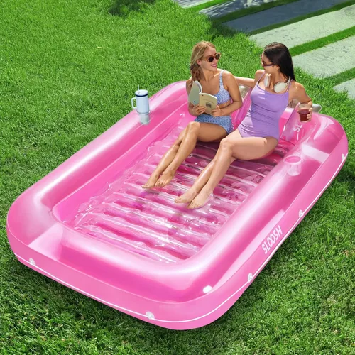 Vista 13 de SLOOSH Flotador inflable, camastro para adultos, con almohada, 178 x 117 cm, 4 en 1: balsa-tina bronceadora, camastro para tomar el sol, fiestas Azul