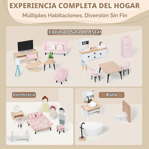 Vista 3 de Juego de muebles de madera para casa de muñecas Pithfor, accesorios y muebles para casa de muñecas, con 7 habitaciones, 3 muñecas, incluye juego