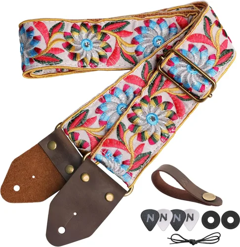 Vista 23 de Nefelibata Correa de guitarra, correas de guitarra de algodón bordado jacquard con extremos de cuero de caballo loco para bajo, eléctrico