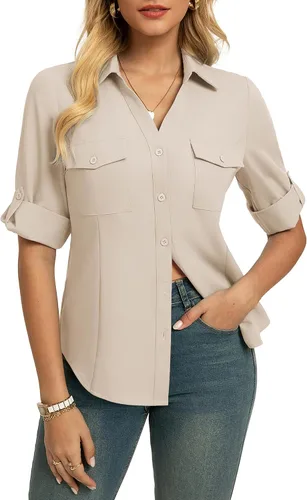 Vista 7 de GRACE KARIN Camisas con botones para mujer, cuello en V clásico, manga 3/4, blusas básicas elegantes sin arrugas