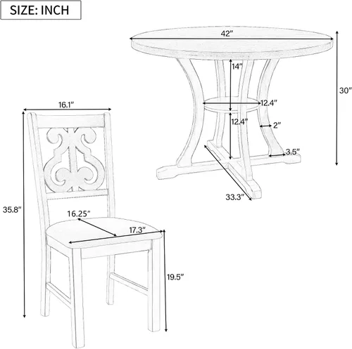 Vista 2 de Merax 5 Piece Dining Table Set with Storage Shelf, Round Wood Kitchen Table with 4 Chairs, Dark Brown+Viridian