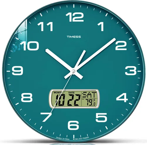 Vista 11 de Reloj de pared TIMESS, de 14" con gran esfera silenciosa y sin tictac, funciona con pilas, analógico con pantalla LCD para calendario perpetuo
