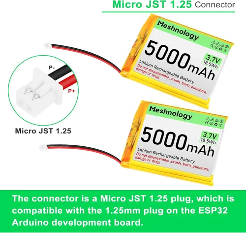 Vista 3 de Batería LiPo de 3.7 V 5000 mAh recargable 1S 955565 Batería de polímero de litio con placa de protección, cinta de goma aislada, enchufe micro JST