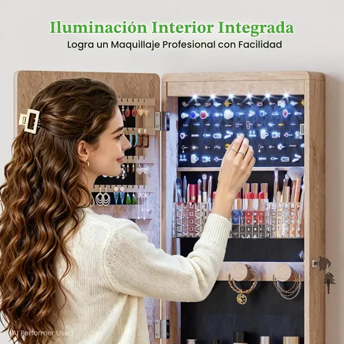Vista 6 de HNEBC Organizador sobre la puerta, gabinete de joyería con luces, marrón café