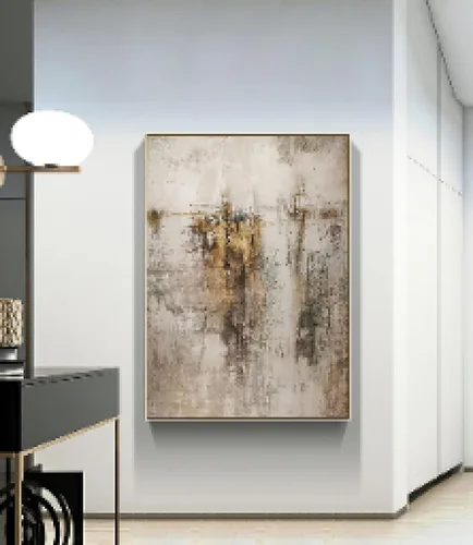 Vista 4 de Pintura de arte abstracto grande beige dorado marrón para sala de estar, pintura gris beige, arte de pared escandinavo, decoración del hogar, 14 x