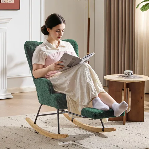 Vista 4 de Furniliving - Mecedora tapizada para cuarto de bebé, silla deslizante, mecedora moderna con reposapiés retráctil, silla de lectura con respaldo