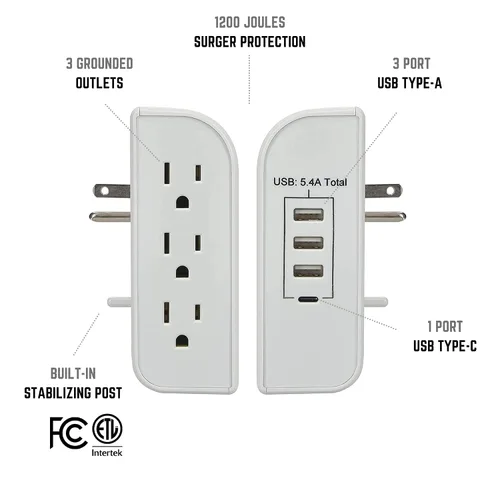 Vista 2 de Protector de sobretensiones de 3 salidas laterales de 1200 julios con 3 puertos USB-A y cargadores USB-C de 1 puerto, CP30009