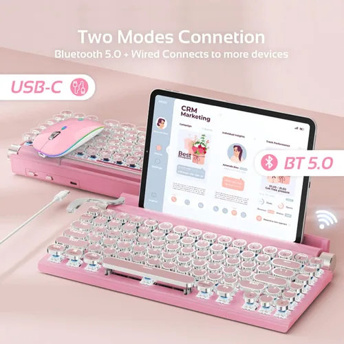 Vista 2 de Acogedor Teclado de máquina de escribir retro, vintage con interruptores azules, teclado mecánico multidispositivo para juegos, Android, iOS