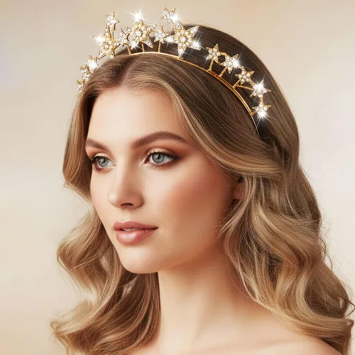 Vista 10 de CAKURE Diadema de corona con halo de estrella, diadema plateada con diamantes de imitación de diosa, accesorios para el cabello celestial para mujer