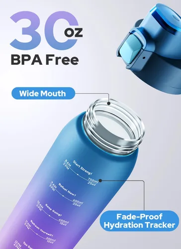Vista 7 de Opard Botella de agua de plástico de 30 onzas apta para lavavajillas, tapa abatible a prueba de fugas, Tritan sin BPA, botella de agua deportiva