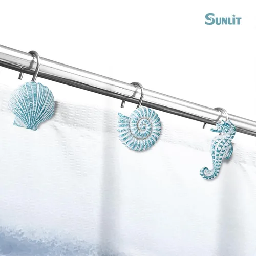 Vista 5 de Sunlit - 12 piezas de ganchos para cortina de ducha azul agua resina, diseño costero de criaturas oceánicas, decoración náutica para baño