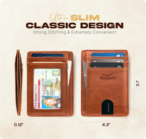 Vista 5 de Claasico Billetera pequeña de bolsillo frontal para hombre con bloqueo RFID, de cuero genuino, tarjetero