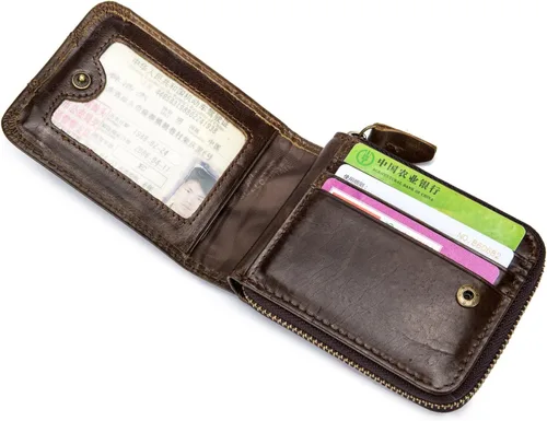 Vista 5 de BULLCAPTAIN Billetera de cuero para hombre con cremallera y bloqueo RFID, monedero (marrón oscuro)