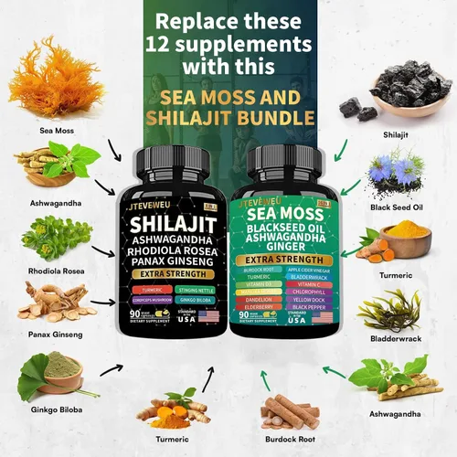 Vista 4 de Paquete de shilajit y musgo marino - 90 unidades - Musgo marino, Ashwagandha, Shilajit, Rhodiola Rosea y jengibre, suplementos todo en 1