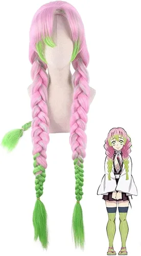 Vista 3 de BYOOTI Kanroji Mitsuri Cosplay Wig Kimetsu No Yaiba Costume Long Pink Mixed Green Braid Heat-resistant Fiber Hair Wigs + W