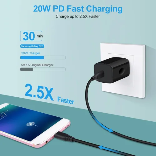 Vista 2 de Cargador tipo C, cargador de pared USB C de 20 W PD de carga rápida y cable de carga de teléfono Android de 6 pies, compatible con iPhone 16 15 Pro