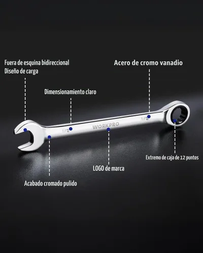 Vista 2 de WORKPRO Llave combinada de trinquete de 1/2 pulgada SAE, CR-V construida con cromado pulido espejo, diseño de 12 puntos, desplazamiento de 15 grados