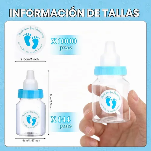 Vista 2 de 144 mini biberones azules para regalos de baby shower, plástico, ventilado, botella estándar, 5.5 onzas, juego de 144 con 500 calcomanías 144 azul