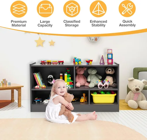 Vista 7 de MEDIMALL Organizador de almacenamiento de juguetes para niños de 5 cubos, estante de almacenamiento de madera de 2 niveles para libros y juguetes