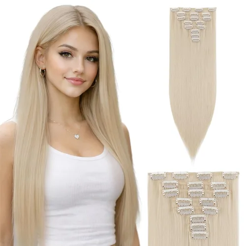 Vista 22 de S-noilite 8 piezas de extensiones de cabello largo con clip para mujer, extensiones de cabello sintético de doble trama, 18 pulgadas, #12H24 Honey