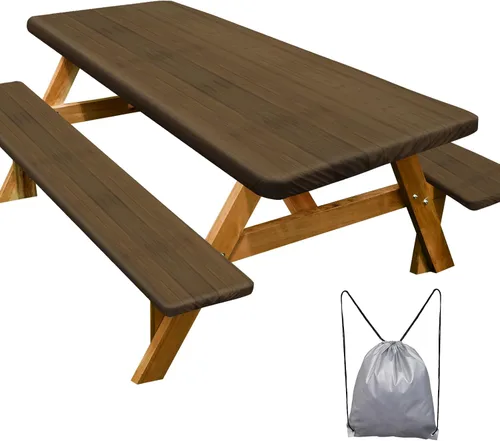 Vista 10 de Funda de mesa de picnic con fundas para bancos Esenciales de camping Mantel de picnic impermeable y a prueba de viento con bolsa de cordón, funda