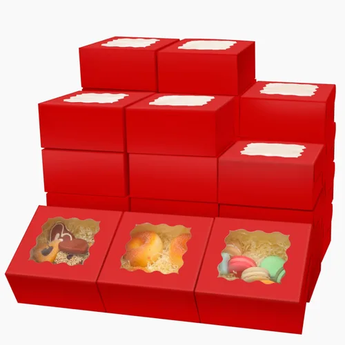 Vista 23 de Bakepacker 60 cajas de papel kraft para panadería con ventana de 6 x 6 x 3 pulgadas de grosor y resistentes cajas de pastelería de macarrones